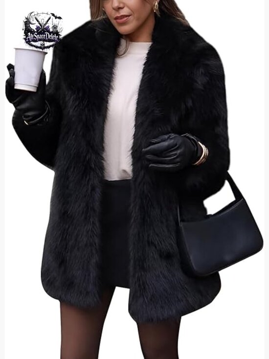 Long Faux Fur Coat with Shawl Collar, Snap Closure, Winter Jacket